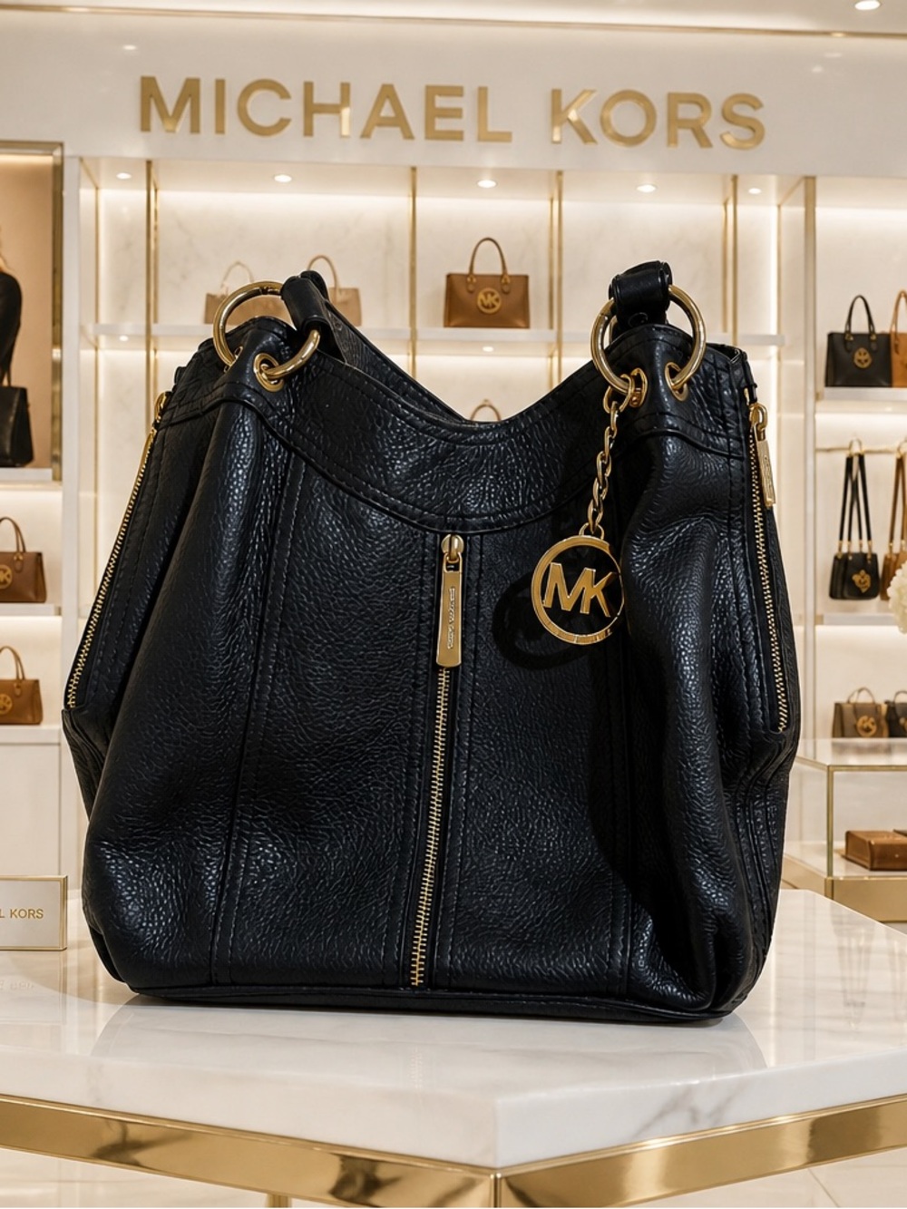 EUC  Michael Kors Moxley Black Leather Gold Zippers Details Shoulder Bag 🍒 - Picture 17 of 17